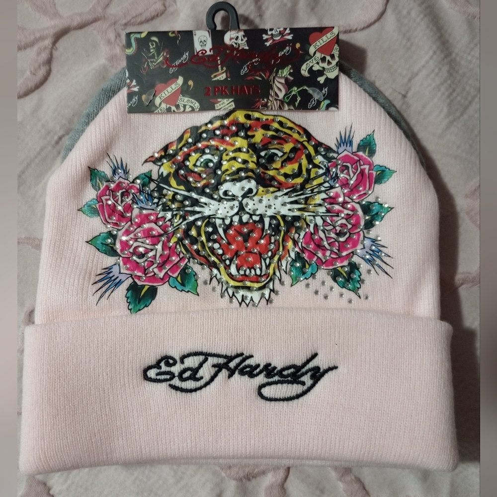 Knit Hats. Ed Hardy. 2 Pk. One (1) Pink. One (1) Gray NWT.